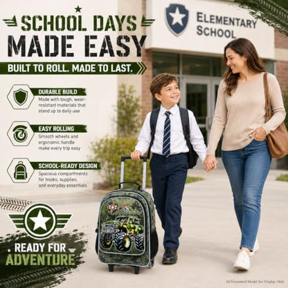 KLFVB Rolling Backpack for Girls Boys, Kids Roller Wheels School Bookbag with Lunch Bag, Wheeled School Bag for Children - color: UV Priting Camouflage Truck Rolling Backpack Set