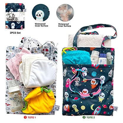 2PCS Bundle Wet Dry Bag Waterproof Tote Reusable Wet Clothes Baby Diapers Stroller Swimsuit Travel Small Larger Electronics Toiletries Pouch Dinosaur and cute Animals - color: Dino & Space Animals