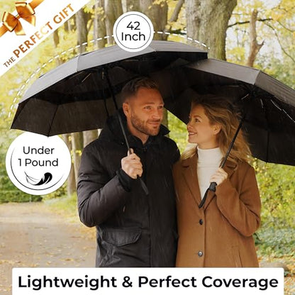 TUMELLA Strongest Windproof Travel Umbrella (Compact, 100MPH Wind-Tested), Light, Portable, One-Handed Use, Automatic Folding Rain Umbrella, Durable, Premium Grip, Fits Car & Backpack - color: Black Black