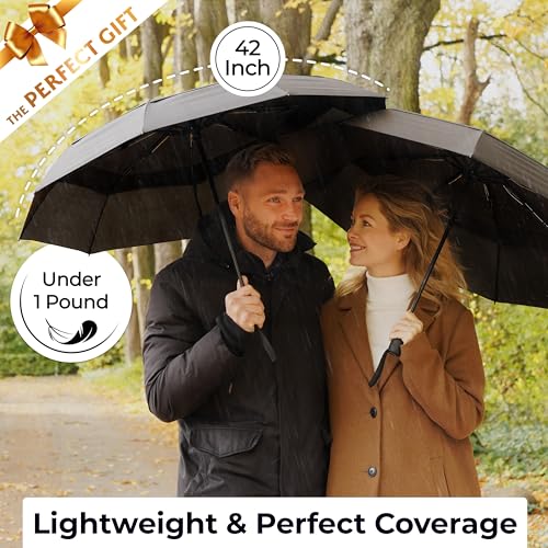 TUMELLA Strongest Windproof Travel Umbrella (Compact, 100MPH Wind-Tested), Light, Portable, One-Handed Use, Automatic Folding Rain Umbrella, Durable, Premium Grip, Fits Car & Backpack - color: Black Black