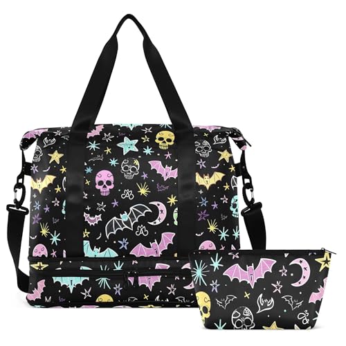 Travel Duffel Tote Bag Gothic Bat Skull Moon Sports Duffel Bag with Wet Pocket Weekender Overnight Bag for Women Men Gym Bag, Carry On Bag Hospital Bag for Labor and Delivery - color: Bats A10831