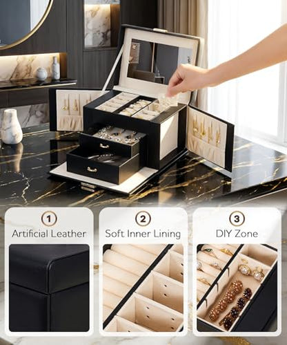 Homde Lockable Jewelry Box for Girl: 3-Layer Safe Organizer with Key - color: Black