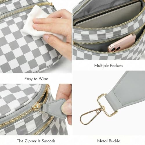 Checkered Crossbody Bags for Women Large Belt Bum Bag Nylon Fanny Packs with Adjustable Strap(Gray Checkered) - color: Gray Checkered