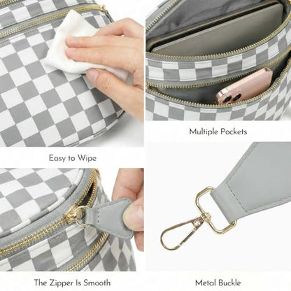 Checkered Crossbody Bags for Women Large Belt Bum Bag Nylon Fanny Packs with Adjustable Strap(Gray Checkered) - color: Gray Checkered