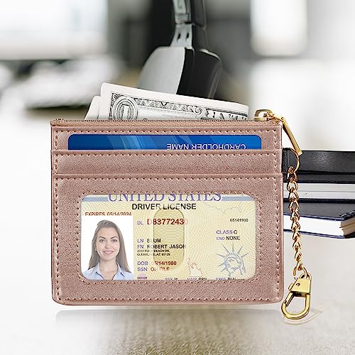 SEAVILIA Card Holder Keychain Wallet for Women with ID Window RFID Coin Purse Bee Gifts Slim Minimalist Small Wallet - color: Rose Gold