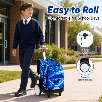 20 Inches Large Wheels Rolling Backpack for Boys with Detachable, 3Pcs Kids Lightning Shark Wheeled Backpack Set for Elementary School (Blue) - color: Lightning Shark (Large Wheels)