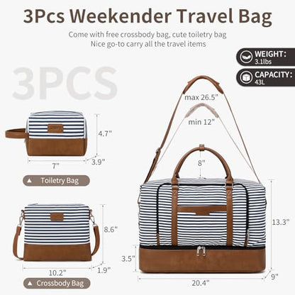 Weekender Bag, Large Travel Duffel Bag for Women, Carry on Overnight Bag with Shoe Compartment and Toiletry Bags - color: B-Blue-White