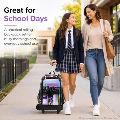 AGSDON Chic Sequin Rolling Clear Backpack Set – 20" Transparent Wheeled Bookbag with Large Front Pocket for School, Daily Commute & Leisure | Black Fashion-Forward Organizer - color: Love Sequin Rolling Backpack Black