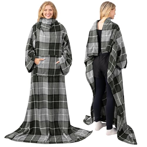 PAVILIA Blanket with Sleeves for Adult Women Men, Soft Warm Wearable Blanket Fleece Wrap Throw, Robe Blanket Gift - color: Plaid Charcoal