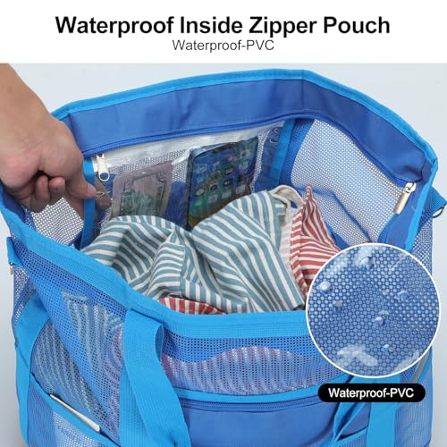 Mesh Beach Bags for Women - Plus Waterproof Sandproof Tote Bag - color: Blue With Top Zipper, size: Large