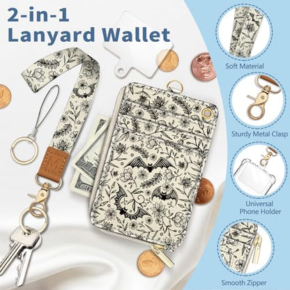Goth Lanyard Wallet with Id Badge Holder Keychain for Card Women - color: Goth Bat