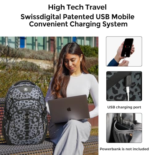 Swissdigital Design Backpack for Men with USB Charging Port SD803-101 - color: Gray Leopard