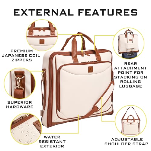 ZEGUR Premium travel garment bag. Carry-on for Men & Women. Hangs 4 Items - color: Beige