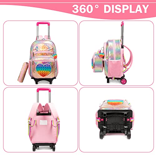 Meetbelify Girls Rolling Backpack Sequin Rolling Backpacks with Wheels for Girls for Elementary School Bag - color: Pu Love Roller