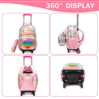 Meetbelify Girls Rolling Backpack Sequin Rolling Backpacks with Wheels for Girls for Elementary School Bag - color: Pu Love Roller