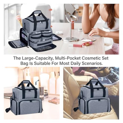 Large Makeup Bag with 3 Removable Case and 2 Removable Dividers,Grey - color: Grey