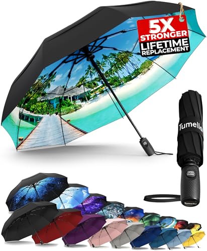 TUMELLA Strongest Windproof Travel Umbrella (Compact, 100MPH Wind-Tested), Light, Portable, One-Handed Use, Automatic Folding Rain Umbrella, Durable, Premium Grip, Fits Car & Backpack - color: Beach Life