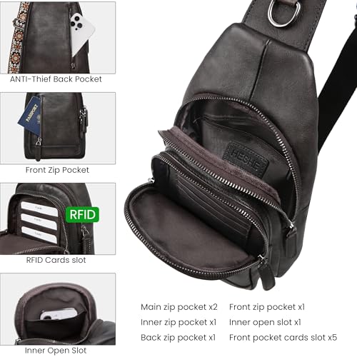 HESHE Leather Sling Bag for Women RFID Crossbody Purse Fanny Pack Chest Bag - color: Grey