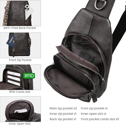 HESHE Leather Sling Bag for Women RFID Crossbody Purse Fanny Pack Chest Bag - color: Grey