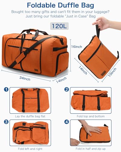 120L Large Waterproof Foldable Travel Duffel Bag with Shoe Compartment - color: Orange, size: 120L