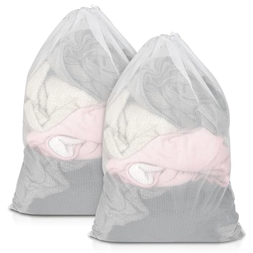 2 Pack Mesh Laundry Bags 23x34 Inch Drawstring Locking for Travel Home - color: White