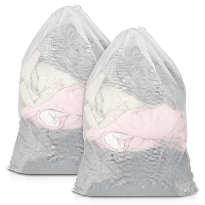 2 Pack Mesh Laundry Bags 23x34 Inch Drawstring Locking for Travel Home - color: White
