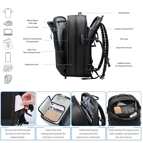 60L Vacuum Backpack Travel, TSA Lock, Charging Port, Waterproof - size: 60L with Pump
