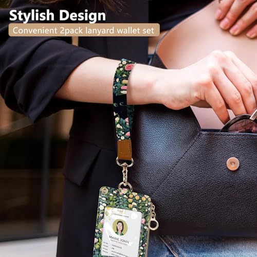2-in-1 ID Badge Holder & Lanyard Wallet Cute Women Leather Zip ID Case Wallet with Breakaway Wrist Neck Lanyard, Clear Window, 5 Card Slots, Ring Keychain for Worker Teacher Floral Halloween Black Cat - color: Flower Black Cat