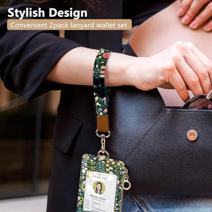2-in-1 ID Badge Holder & Lanyard Wallet Cute Women Leather Zip ID Case Wallet with Breakaway Wrist Neck Lanyard, Clear Window, 5 Card Slots, Ring Keychain for Worker Teacher Floral Halloween Black Cat - color: Flower Black Cat