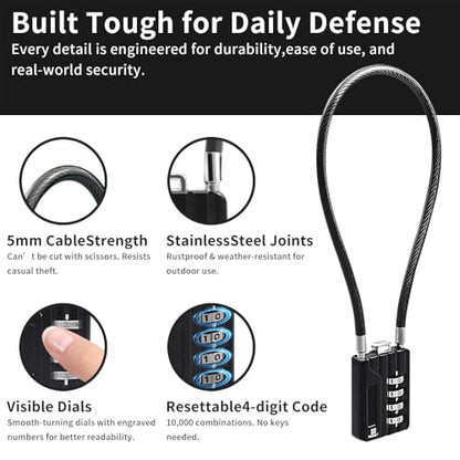 RESET-201 4-Digit Cable Padlock, 20 in 50cm 5mm Cable Loop, 1 Pack - size: 50cm(20 inch)Cable
