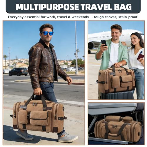 Duffle Bag for Travel, 50L Carry On Duffle Bag for Airplanes, Canvas Overnight Weekender Bag for Men and Women - color: Brown
