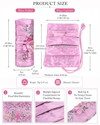 TUMBEELLUWA Embroidery Travel Jewelry Bag Roll Embroidered Flower and Bird Brocade Organizer with Tie Close - color: #4 Pink