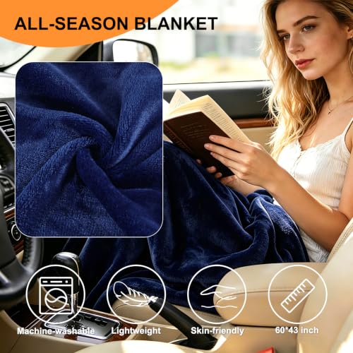 Travel Pillow and Blanket Set for Airplane, Hooded Memory Foam Neck Pillow - color: Navy