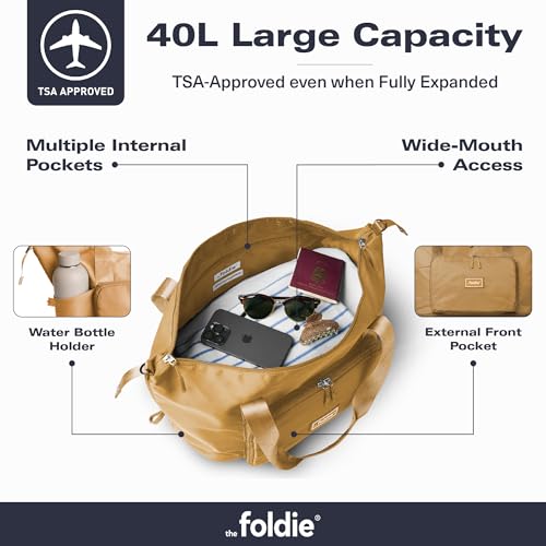 The Foldie Foldable Travel Bag for Women - 40L Weekender Bag with Multiple Pockets - Carry On Expendable Travel Bag - color: Cognac