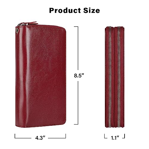 Lavemi Women's 100% Leather Double Zipper Large Capacity RFID Blocking Phone Holder Clutch Travel Purse with Wristlet Strap(Double Zipper Wine Red) - color: 2-waxed Wine Red, size: One Size