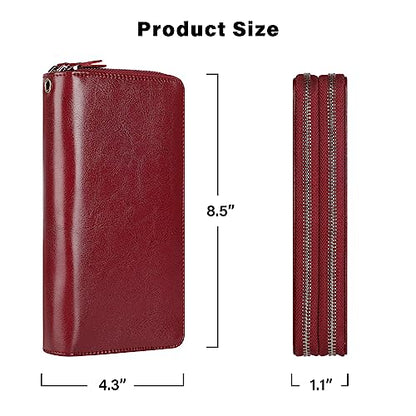 Lavemi Women's 100% Leather Double Zipper Large Capacity RFID Blocking Phone Holder Clutch Travel Purse with Wristlet Strap(Double Zipper Wine Red) - color: 2-waxed Wine Red, size: One Size