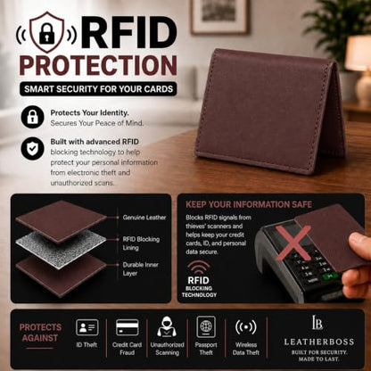Leatherboss Slim Thin Leather Credit Card Id Mini Wallet Holder Bifold Driver's License Safe (Wine) - color: Wine