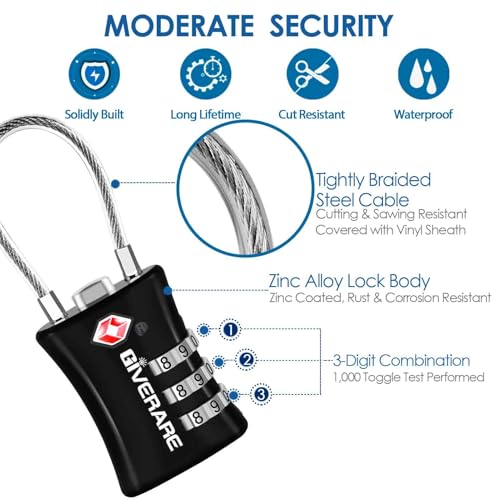 2 Pack TSA Approved Luggage Locks, Cable Suitcase Travel Lock Alloy, Set Your Own Combination Metal Zipper Padlock, 3-Digit Long Shackle Padlocks for Gym Locker, Golf Bag, Case Anti Theft-Black