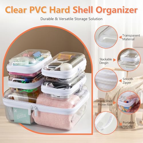 Travel Essentials for Toiletries,Clear Hard Shell Zipper Case (Handle L+4S) - size: Handle L+4S