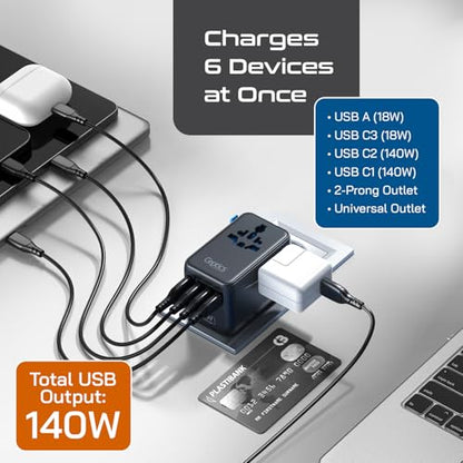 Ceptics Universal Travel Adapter, GAN 140W, 4 USB Ports & 2 Input sockets - color: Black/Blue