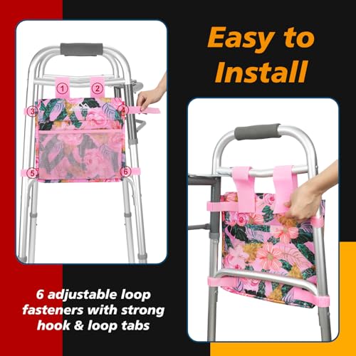 supregear Walker 사이드 백, 접이식 워커용 방수 액세서리 바스켓 파우치, 경량 핸즈프리 보관 캐리어 토트, 범용 사이즈 노인 캐디 부착물, 핑크 플로럴 - color: 핑크 플로럴.