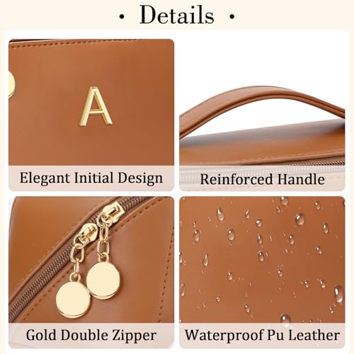 Gifts for Women Bridesmaid Initial Makeup Bag | Personalized PU Leather Cosmetic Waterproof Travel Toiletry Bag (Large-Brown-A) - color: LargeBrown, style: A