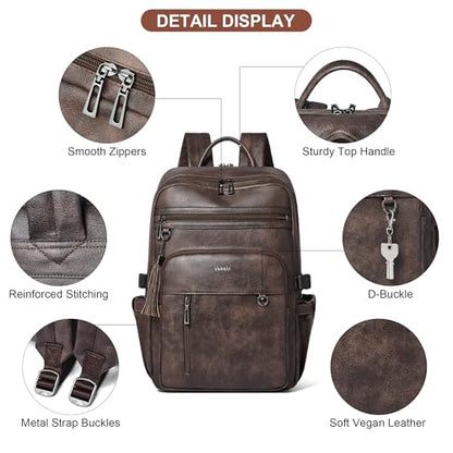 Shrrie 17 Inch Leather Laptop Backpack for Women with Giant Tumbler Holders - color: Chocolate