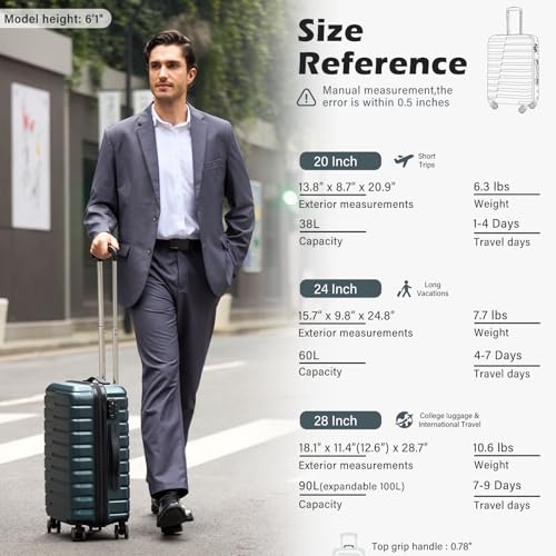 Coolife Lightweight Luggage with TSA Lock,Large Checked Teal Blue - color: Teal Blue, size: Large(28in)