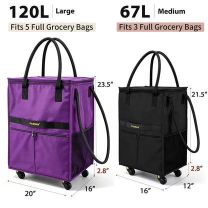 PASMAN Reusable Foldable Rolling Grocery Bag on 5 Wheels,Large,Matte Purple - color: Matte-purple, size: Large