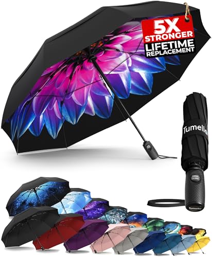 TUMELLA Strongest Windproof Travel Umbrella (Compact, 100MPH Wind-Tested), Light, Portable, One-Handed Use, Automatic Folding Rain Umbrella, Durable, Premium Grip, Fits Car & Backpack - color: 1-pack Purple Dahlia