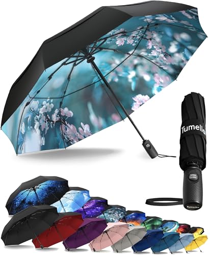 TUMELLA Strongest Windproof Travel Umbrella (Compact, 100MPH Wind-Tested), Light, Portable, One-Handed Use, Automatic Folding Rain Umbrella, Durable, Premium Grip, Fits Car & Backpack - color: Blossom Branches