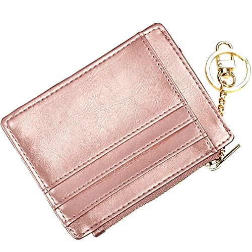 woogwin Slim RFID Credit Card Holder for Women Mini Front Pocket Wallet Purse With Keychain - color: Oil Wax RoseGold