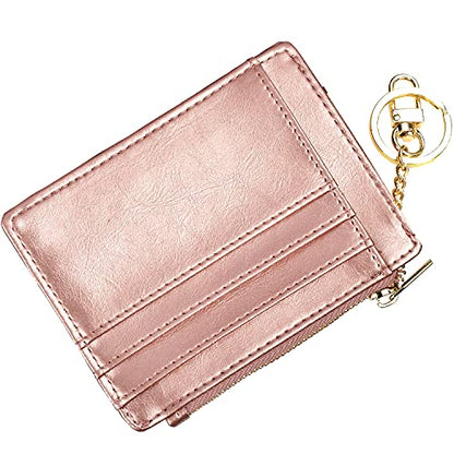 woogwin Slim RFID Credit Card Holder for Women Mini Front Pocket Wallet Purse With Keychain - color: Oil Wax RoseGold