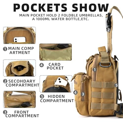 J.SH Tactical Sling Bag, Military Shoulder Bag with MOLLE, Crossbody Bag 9L - color: Khaki
